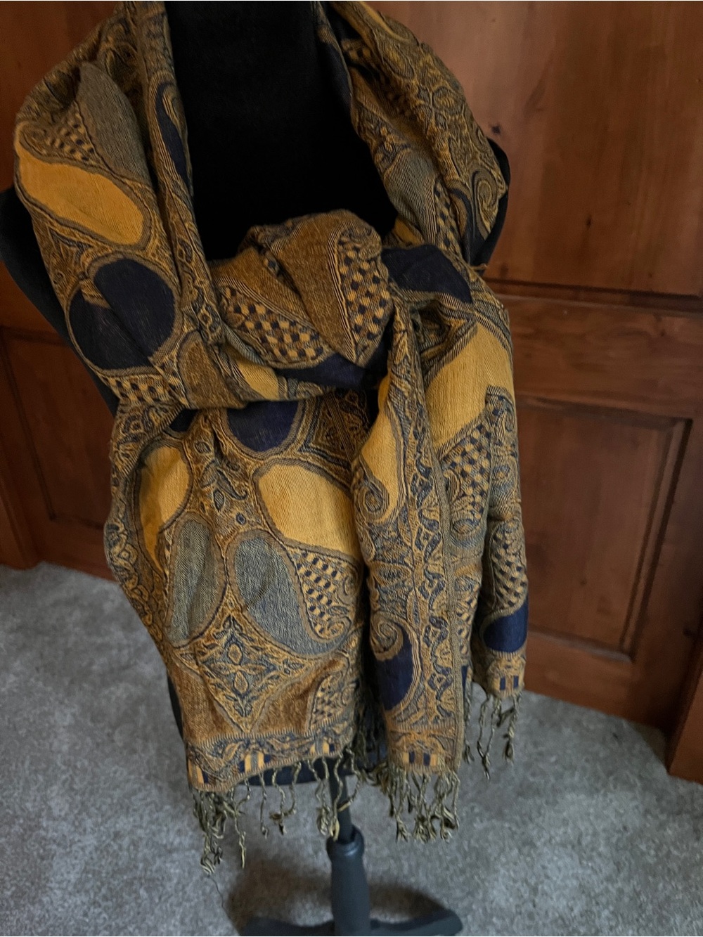 Mustard and Navy Paisley Cashmere Fringe Throw Scarf - Made in Israel